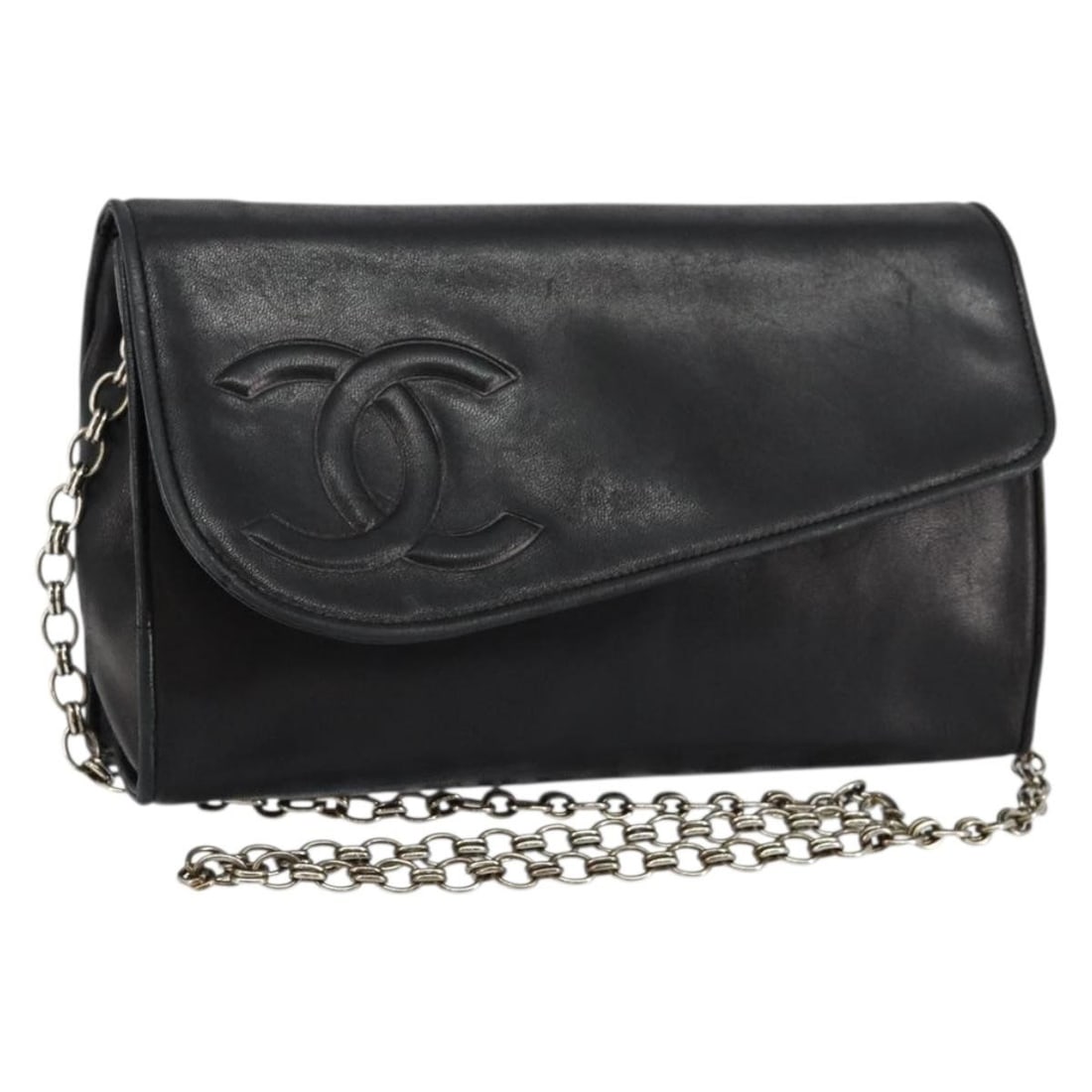 CHANEL Coco Mark Black Lambskin Chain Shoulder Bag: CHANEL Coco Mark Black Lambskin Chain Shoulder Bag Vintage CHANEL Coco Mark chain shoulder bag in black lamb skin, made in Italy. The bag is a women's shoulder bag with a chain strap and a compact sil
