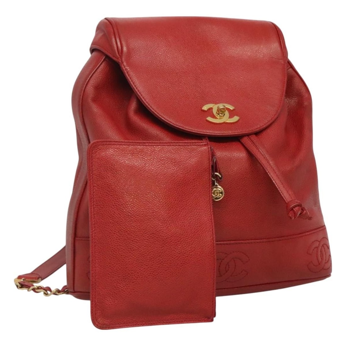 CHANEL Red Caviar Leather Backpack with Pouch Gold CC: CHANEL Red Caviar Leather Backpack with Pouch Gold CC CHANEL backpack in grained calf skin with a red and gold exterior. Made in Italy, this women's bag comes with a pouch accessory. The item is descr