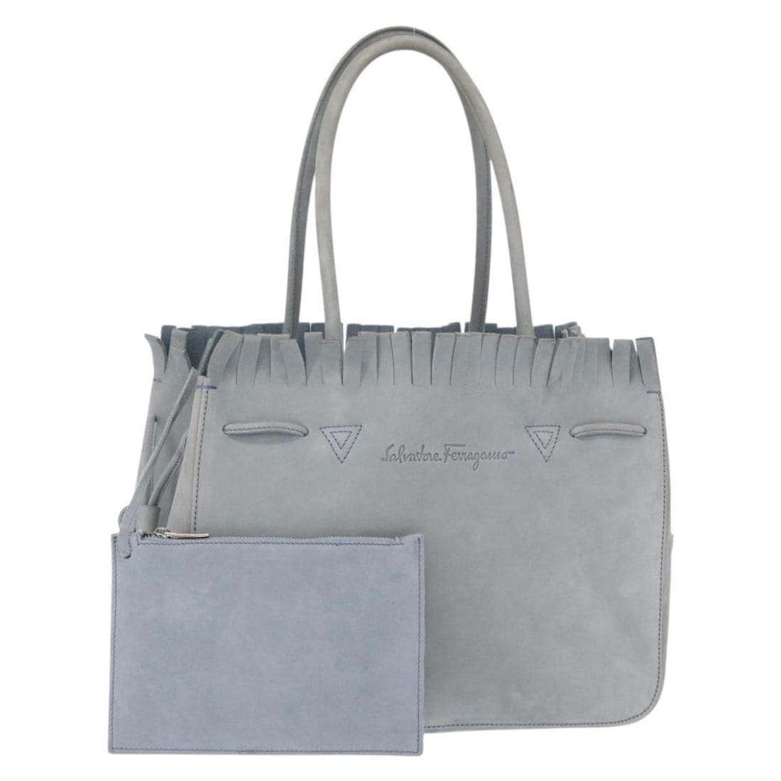 Salvatore Ferragamo blue suede women tote with pouch Italy: Salvatore Ferragamo blue suede women tote with pouch Italy This Salvatore Ferragamo tote bag features a blue and silver suede exterior and is crafted in Italy. The bag includes a matching pouch and ha