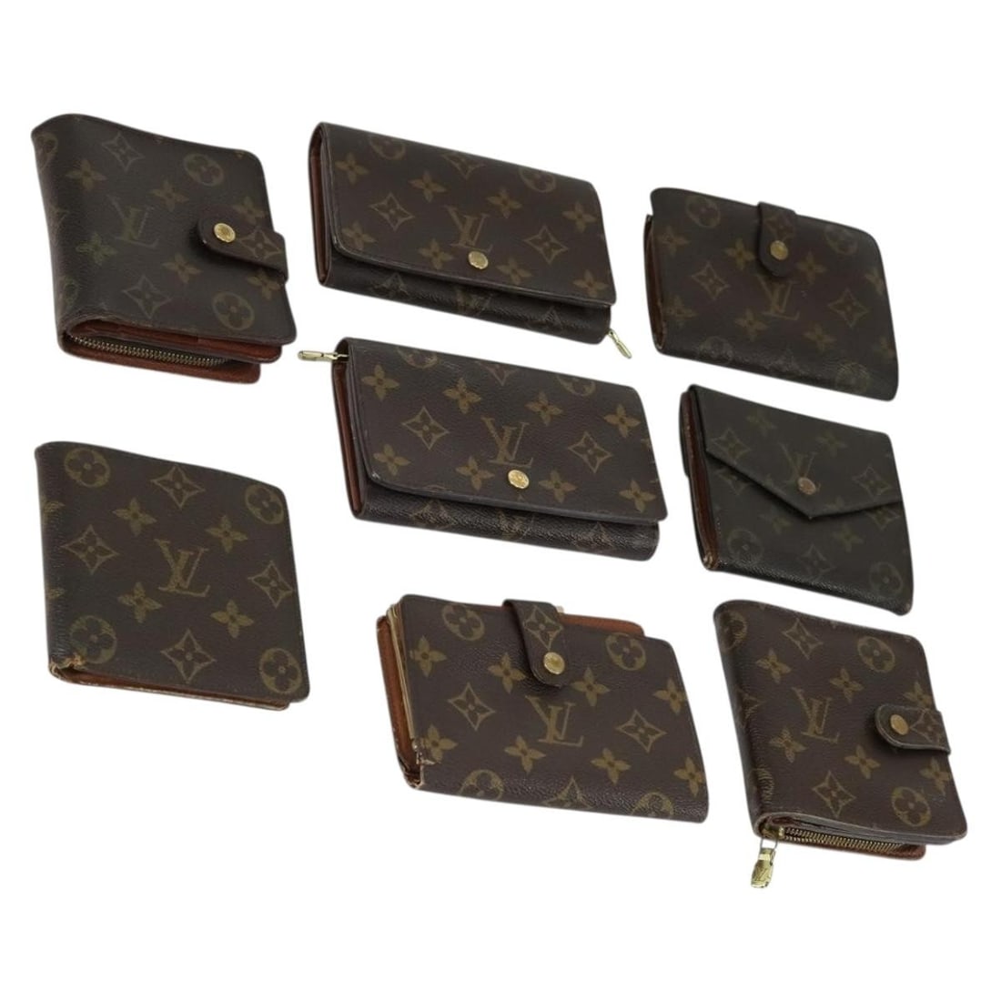 Set of 8 Louis Vuitton Monogram Canvas Wallets: Set of 8 Louis Vuitton Monogram Canvas Wallets Louis Vuitton monogram canvas wallet in heavily used condition. The item is offered as a special bundle set and includes only the item shown in the photo