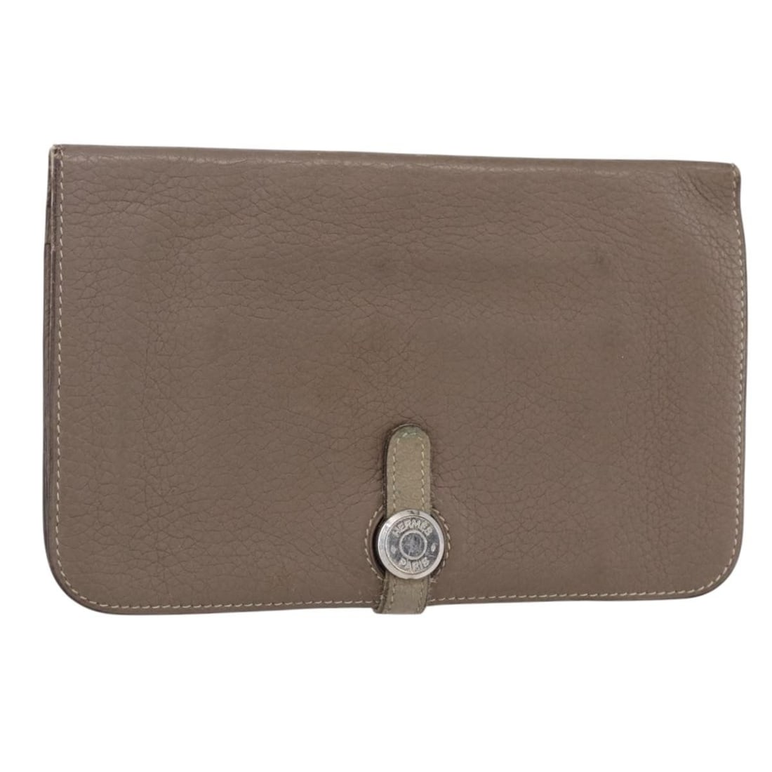 HERMES Dogon Duo GM Gray Leather Womens Wallet France BA8060: HERMES Dogon Duo GM Gray Leather Womens Wallet France BA8060 Authentic Hermes Dogon Duo GM wallet in gray leather, made in France. This women's wallet shows heavy use with visible wear throughout, inc