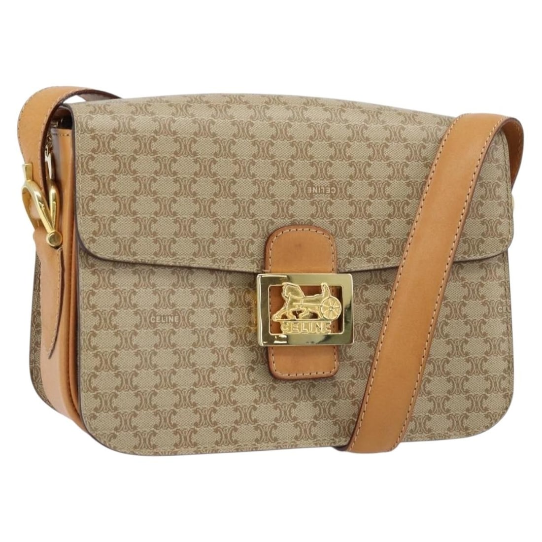Celine Shoulder Bag Macadam Canvas Horse Carriage PVC Beige Gold Tone: Celine Shoulder Bag Macadam Canvas Horse Carriage PVC Beige Gold Tone This is a CELINE Macadam Canvas Horse Carriage shoulder bag crafted from beige and gold PVC leather with signature Macadam canvas 