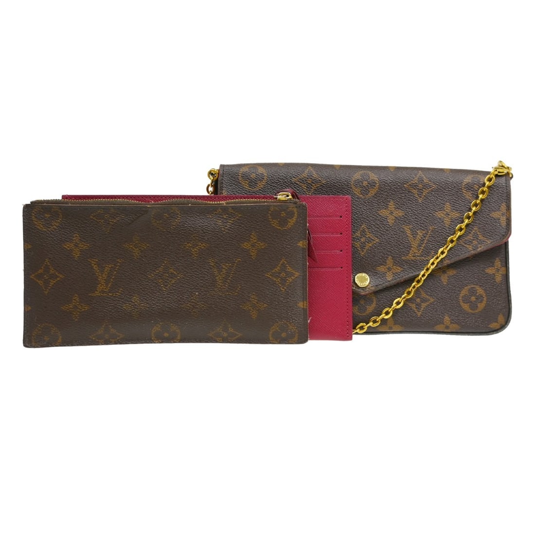 Louis Vuitton Pochette Felicie Monogram Canvas Shoulder Bag CA4106 M81896: Louis Vuitton Pochette Felicie Monogram Canvas Shoulder Bag CA4106 M81896 Louis Vuitton Pochette Felicie shoulder bag in Monogram canvas with a brown exterior. It is a small women's bag made in Spain 