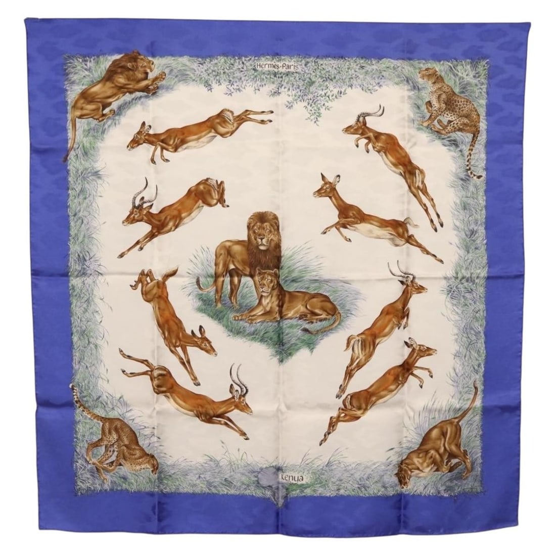 Blue Silk 90cm Scarf Hermes Kenya Carre 90 France: Blue Silk 90cm Scarf Hermes Kenya Carre 90 France Hermes Carre 90 "Kenya" scarf in blue silk. This women's scarf is made in France and includes the item box. Condition is heavily used, with rubbing, p