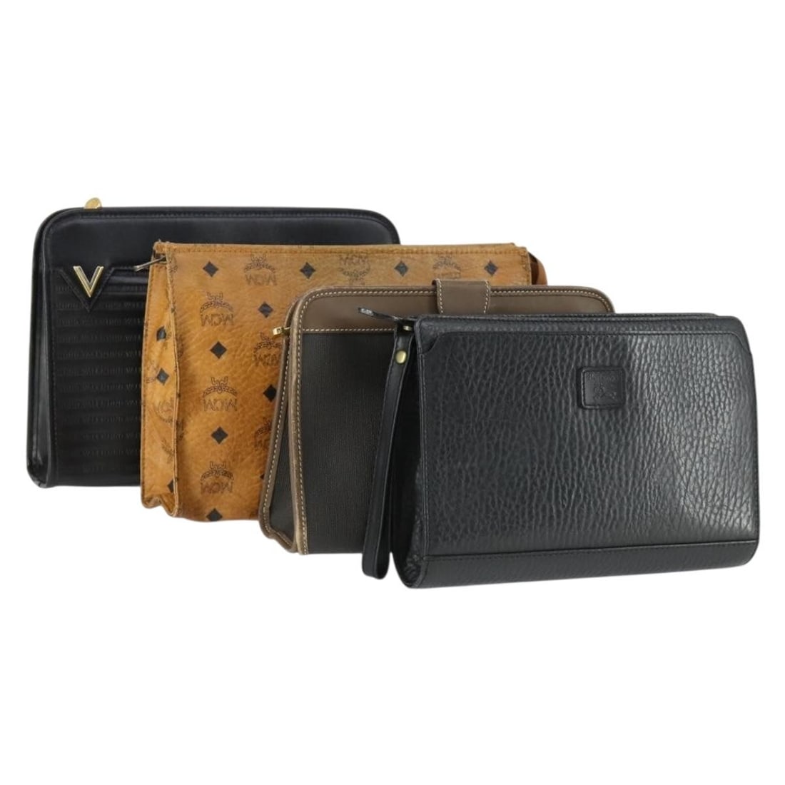 Set of 4 Valentino Black Brown PVC Leather Clutch Bags: Set of 4 Valentino Black Brown PVC Leather Clutch Bags This is a special set of four clutch bags from Valentino, Dunhill, MCM, and Burberrys, crafted from PVC leather in black and brown tones. The set
