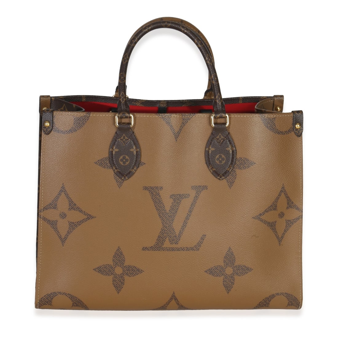 Louis Vuitton Onthego MM Reverse Monogram Canvas Tote: Louis Vuitton Onthego MM Reverse Monogram Canvas Tote This Onthego MM tote features the Reverse Monogram Giant canvas in a brown colorway, complemented by gold-tone hardware. The bag includes both top