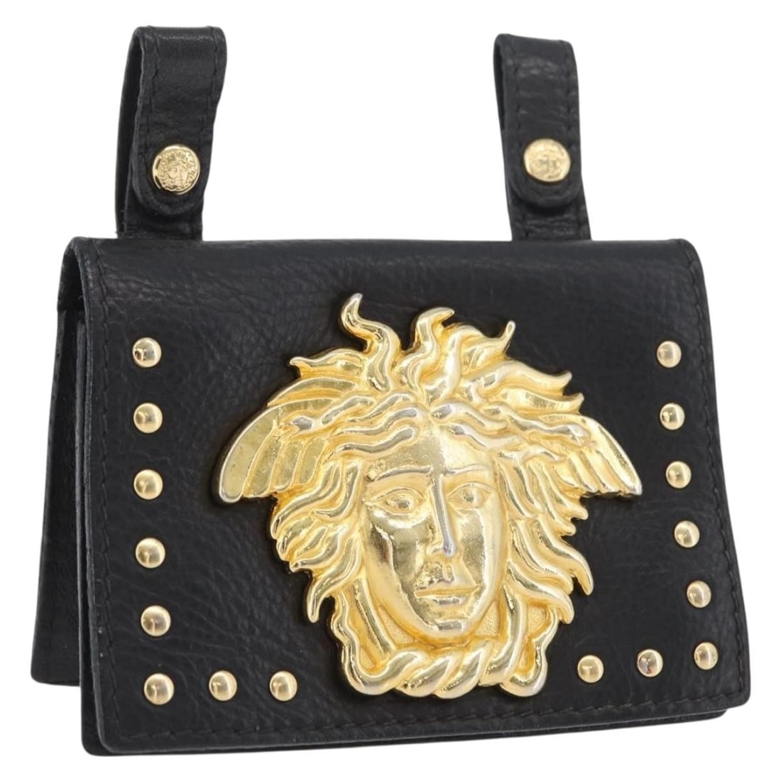 Versace Black Leather Pouch Belt Bag Gold Accents Italy: Versace Black Leather Pouch Belt Bag Gold Accents Italy This Gianni Versace belt pouch is crafted from black and gold leather and designed for women. Made in Italy, it features a compact style with a 