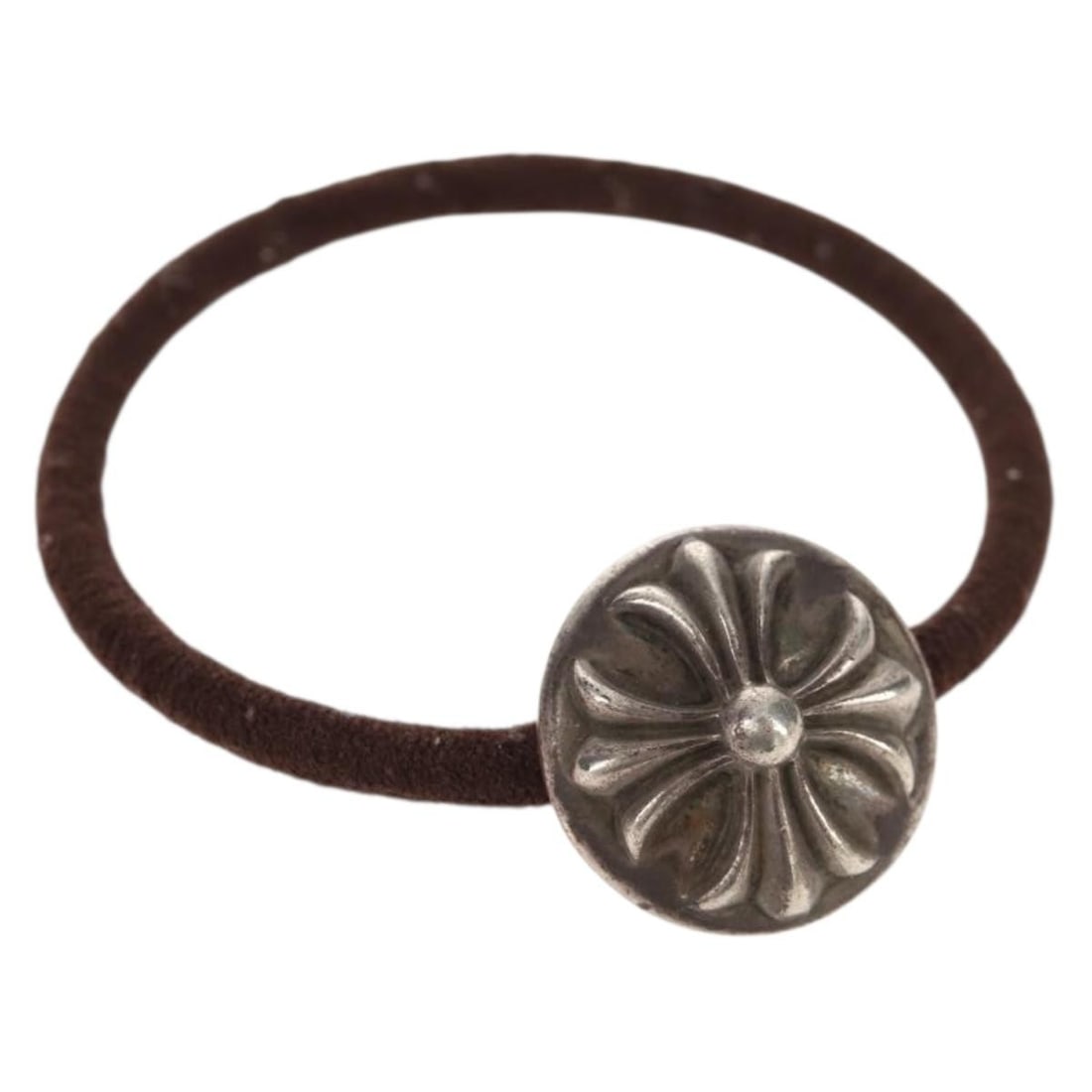 Chrome Hearts Cross Ball Button Hair Tie Ag925 Silver Authentic: Chrome Hearts Cross Ball Button Hair Tie Ag925 Silver Authentic Elevate your style with this Chrome Hearts Cross Ball Button Hair Tie, crafted in Ag925 silver for a premium look. This hair tie showcas