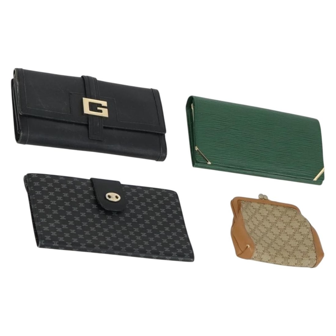 Set of 4 Leather Wallets Valentino Celine Gucci Beige Black Green: Set of 4 Leather Wallets Valentino Celine Gucci Beige Black Green This is a set of four Valentino wallets crafted from leather in beige, black, and green. Each wallet is made in Italy and features var