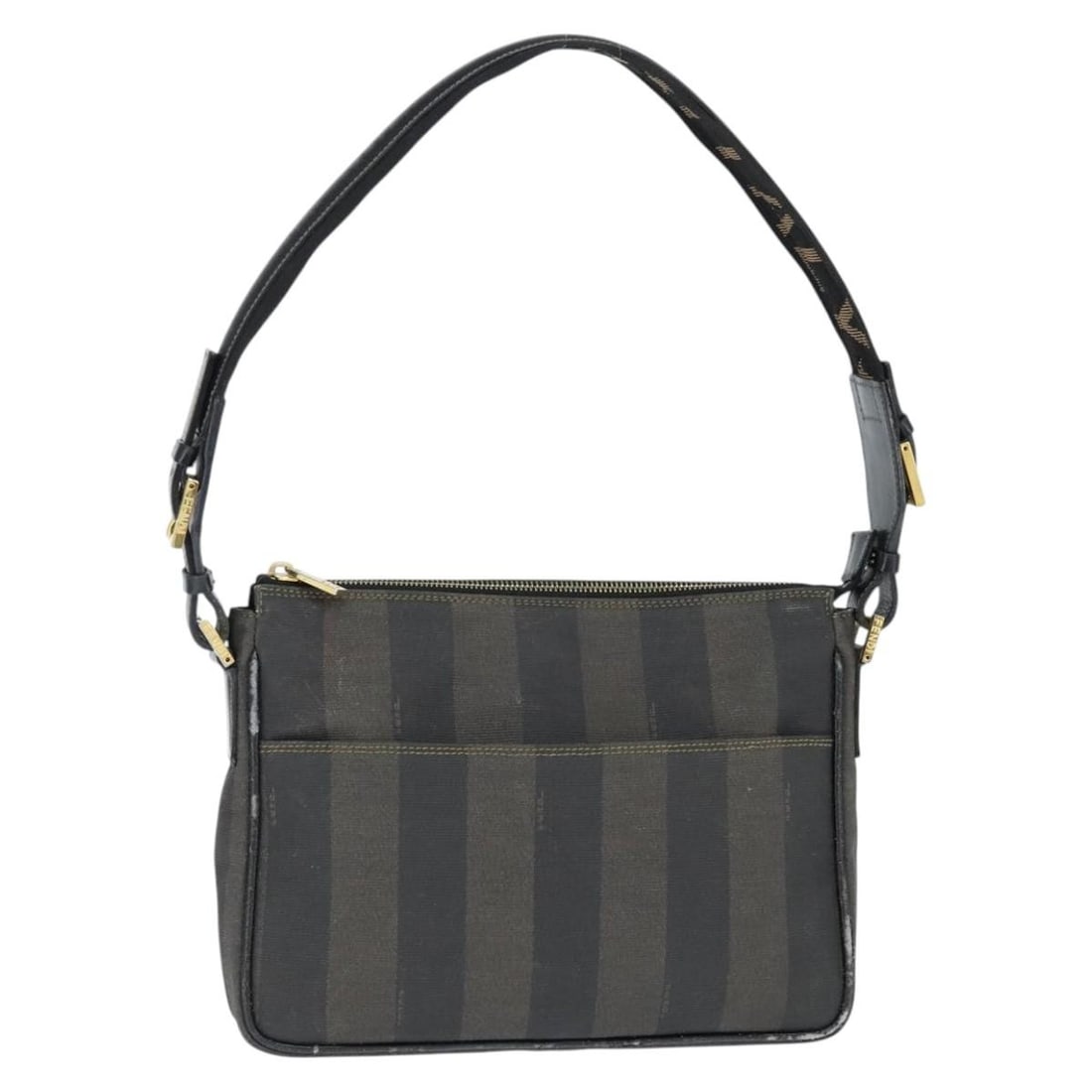 FENDI Pequin Canvas Shoulder Bag Black Brown PVC Leather Italy: FENDI Pequin Canvas Shoulder Bag Black Brown PVC Leather Italy Authentic FENDI shoulder bag in black and brown Pequin canvas with PVC leather trim. Made in Italy, this women's bag has a compact profil