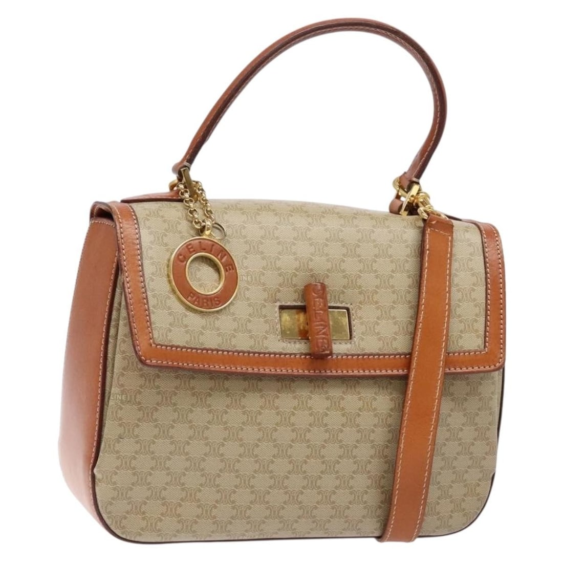 CELINE Beige Gold PVC Macadam Canvas Hand Bag Auth Italy 140317: CELINE Beige Gold PVC Macadam Canvas Hand Bag Auth Italy 140317 This authentic Celine Macadam Canvas Hand Bag is a stylish accessory crafted in Italy from durable PVC leather. Featuring a sophisticate