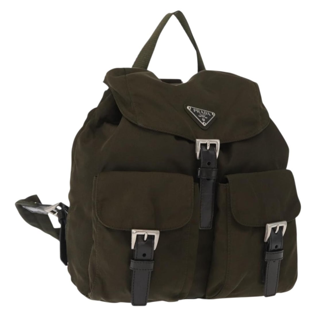Khaki Nylon Backpack by PRADA Silver Tone Hardware Made in Italy: Khaki Nylon Backpack by PRADA Silver Tone Hardware Made in Italy This PRADA backpack is crafted from durable nylon in a khaki and silver color combination. Made in Italy, it features a practical desig