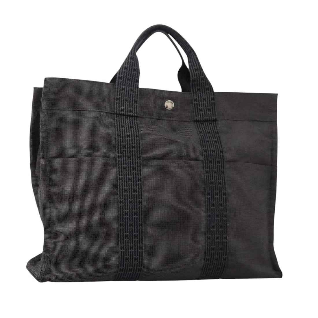 Hermes Her Line MM Gray Canvas Women's Tote Bag 16.5 Inch Silver Tone Hardware: Hermes Her Line MM Gray Canvas Women's Tote Bag 16.5 Inch Silver Tone Hardware This Hermes Her Line MM handbag is crafted from gray and silver canvas, featuring a spacious interior and a practical sil