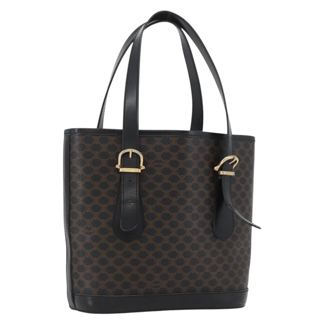 Celine Macadam Black PVC Canvas Tote with Gold Accents Italy: Celine Macadam Black PVC Canvas Tote with Gold Accents Italy This CELINE Macadam Canvas tote bag features a combination of black and gold PVC leather and canvas with gold-tone accents. Designed for wo