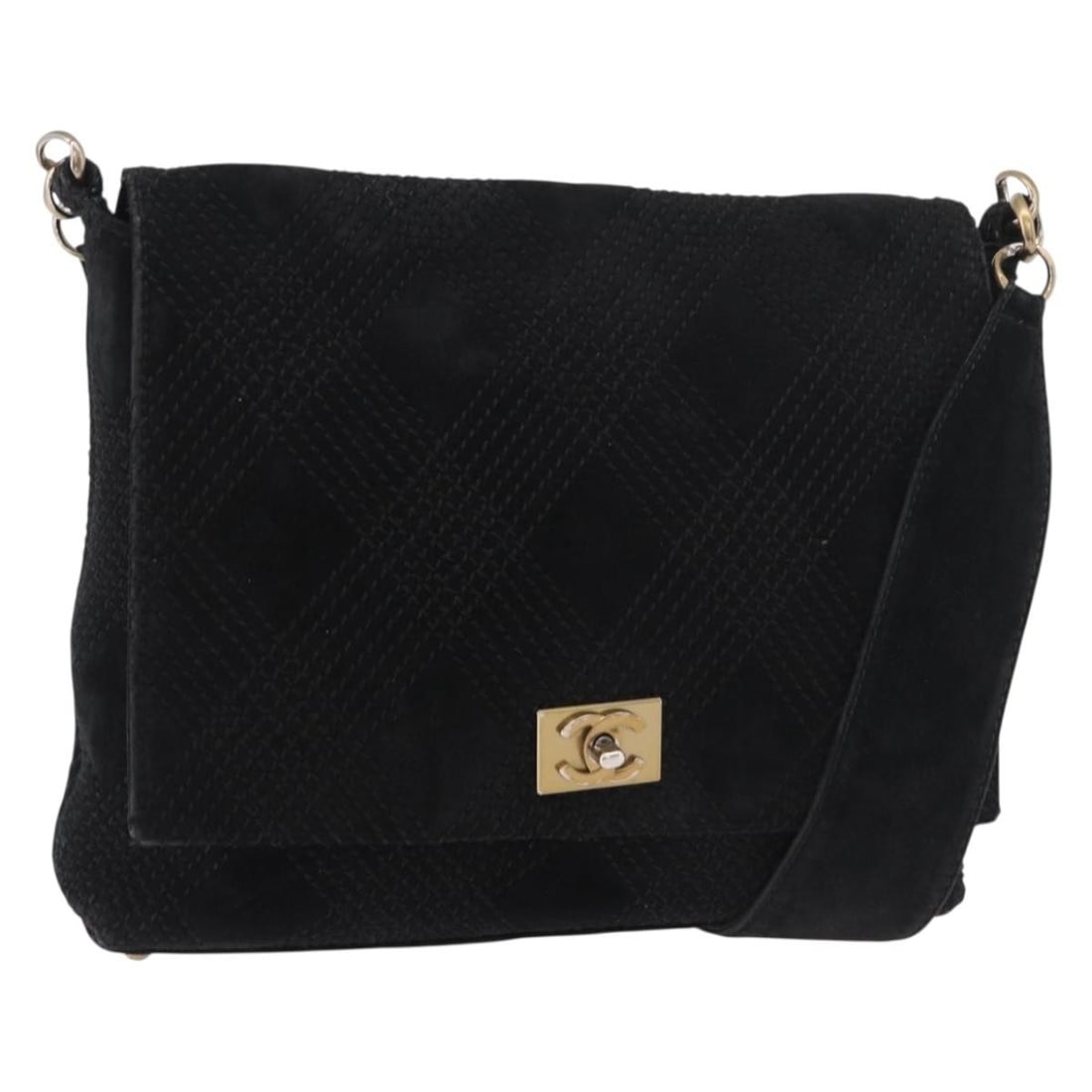 CHANEL Wild Stitch Suede Shoulder Bag Black Gold Tone CC: CHANEL Wild Stitch Suede Shoulder Bag Black Gold Tone CC CHANEL Wild Stitch chain shoulder bag in black suede with gold-tone exterior accents. Made in Italy, this women's shoulder bag measures approxi