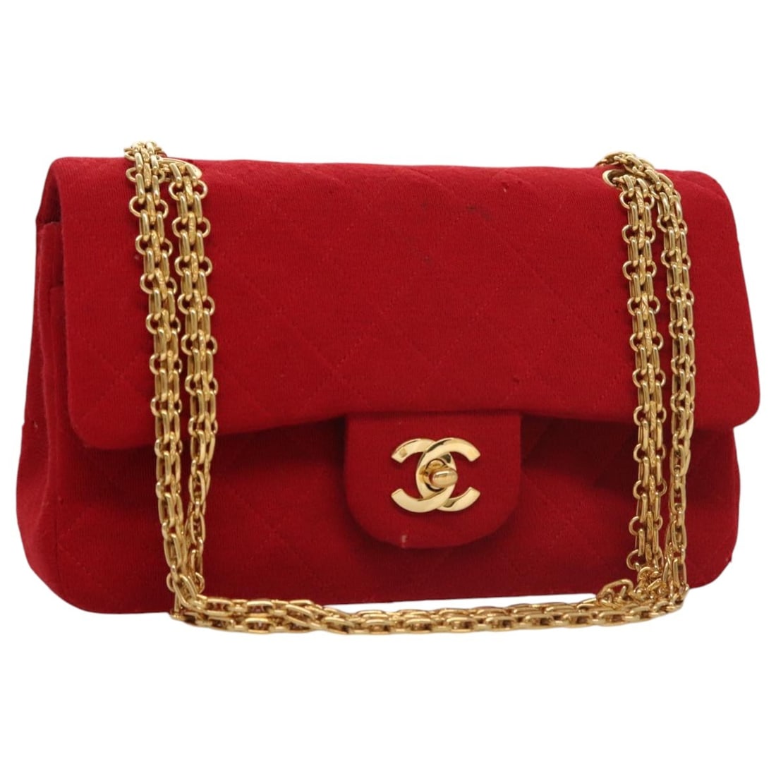 CHANEL Matelasse 23 Cotton Shoulder Bag Red Gold CC: CHANEL Matelasse 23 Cotton Shoulder Bag Red Gold CC A CHANEL Matelasse 23 chain shoulder bag in red cotton with gold-tone details. Made in France, this shoulder bag features the Matelasse design and m