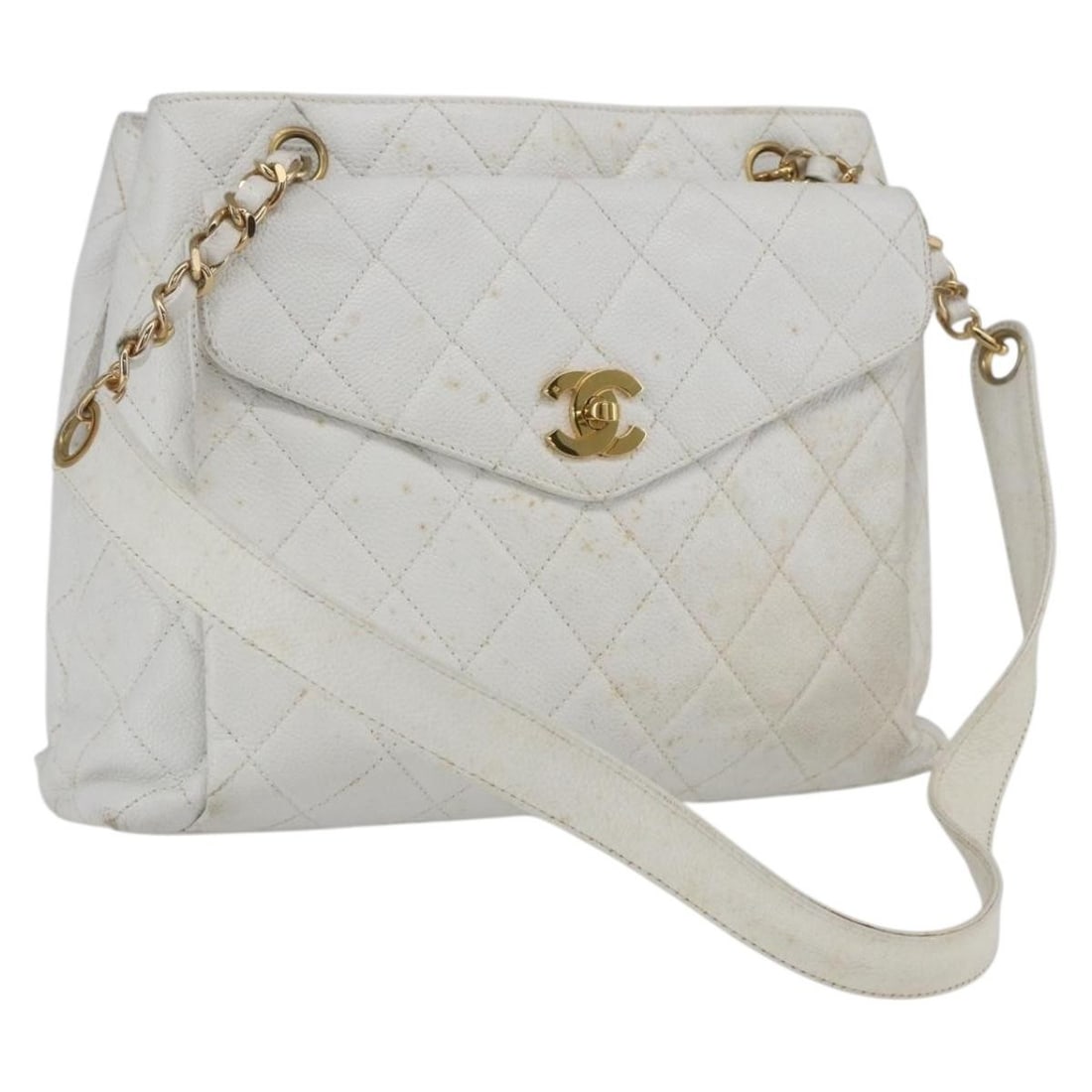 CHANEL Matelasse Caviar Skin Shoulder Bag White Gold CC: CHANEL Matelasse Caviar Skin Shoulder Bag White Gold CC CHANEL Matelasse chain shoulder bag in white caviar skin with gold-tone exterior details. It features a shoulder strap with an approximate 15.4 