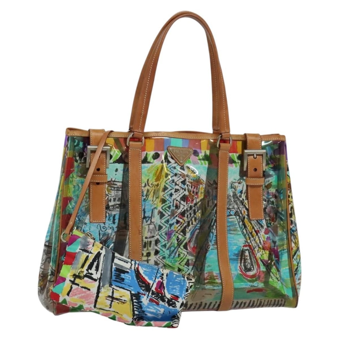 PRADA BR2515 Clear Multicolor Vinyl Tote Bag with Pouch: PRADA BR2515 Clear Multicolor Vinyl Tote Bag with Pouch This Prada tote bag is made of vinyl and presented in a clear, multicolor, and silver colorway. It includes a pouch accessory and was made in It