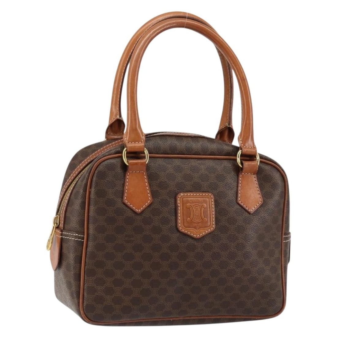 CELINE Macadam Canvas Hand Bag PVC Leather Brown Gold Made in Italy: CELINE Macadam Canvas Hand Bag PVC Leather Brown Gold Made in Italy This CELINE Macadam Canvas Hand Bag combines elegance with practicality, crafted from durable PVC leather in a rich brown and gold c