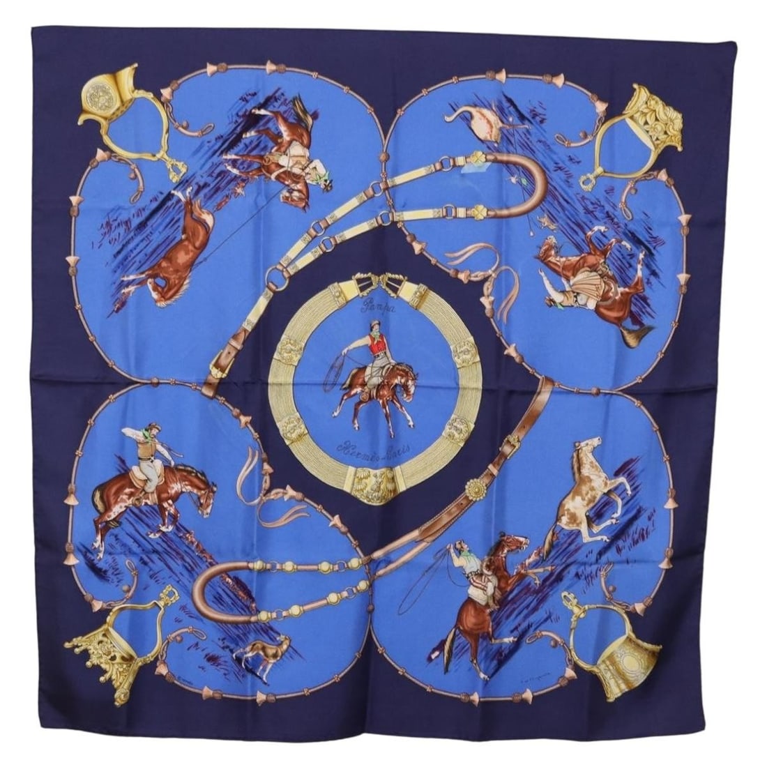 Hermes Pampa Carre 90 Silk Scarf Blue France: Hermes Pampa Carre 90 Silk Scarf Blue France Hermes Carre 90 "Pampa" silk scarf in blue. It measures approximately 90 cm x 90 cm (35.4 x 35.4 in) and was made in France. The scarf is offered in heavil