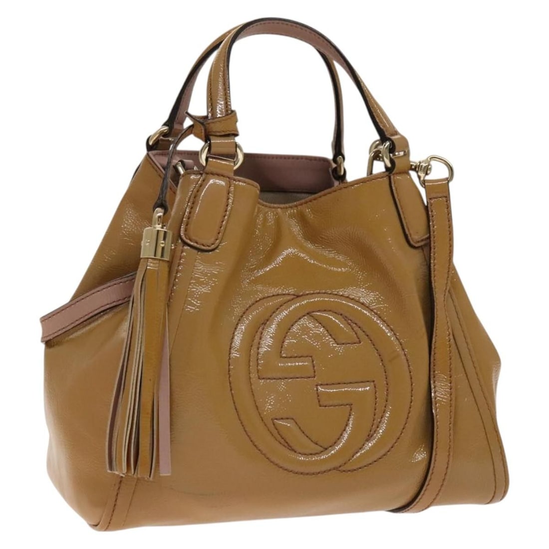 Gucci 336751 Soho 2way Enamel Handbag Beige Gold with Shoulder Strap: Gucci 336751 Soho 2way Enamel Handbag Beige Gold with Shoulder Strap This Gucci Soho handbag is crafted in beige and gold enamel and comes with a shoulder strap for 2-way wear. It measures approximate
