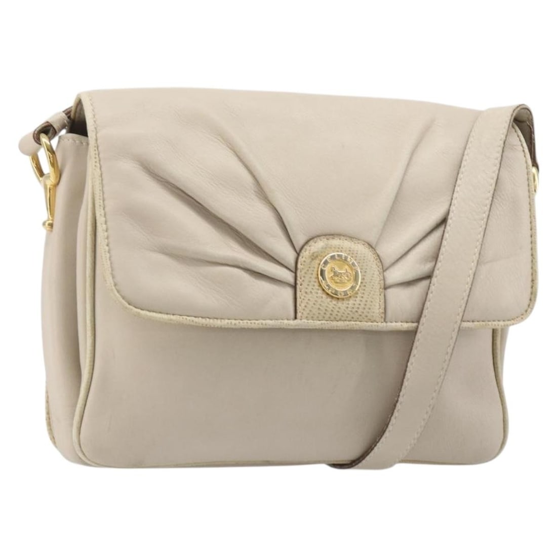 Celine Ivory Leather Shoulder Bag Gold Tone Italy M07: Celine Ivory Leather Shoulder Bag Gold Tone Italy M07 Ivory and gold CELINE shoulder bag crafted from leather and made in Italy. It features a shoulder bag style with an approximate size of W23 x H16 