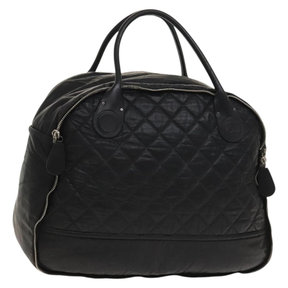 CHANEL Black Silver Coated Canvas Boston Bag with Auth Card: CHANEL Black Silver Coated Canvas Boston Bag with Auth Card This stylish CHANEL Boston Bag is crafted from durable coated canvas in a classic black and silver color scheme. Designed in Italy, this bag