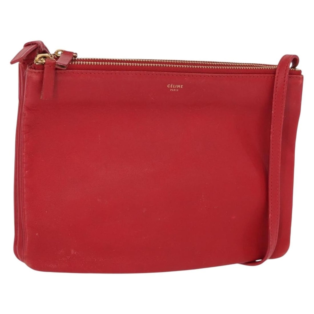 CELINE Trio Red Leather Shoulder Bag Gold Tone Hardware: CELINE Trio Red Leather Shoulder Bag Gold Tone Hardware This CELINE Trio shoulder bag is crafted from leather in red and gold. It is a women's shoulder bag made in Italy, with an approximate size of W