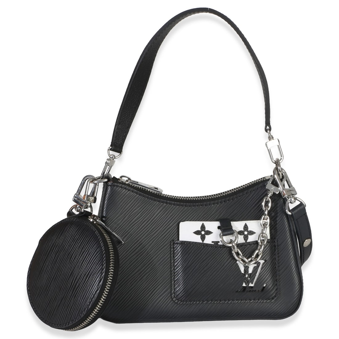 Louis Vuitton Marellini Black Epi Leather Crossbody Bag: Louis Vuitton Marellini Black Epi Leather Crossbody Bag This Louis Vuitton Marellini bag features a sleek black Epi Monogram leather exterior with silver-tone hardware. Designed for versatility, it ca