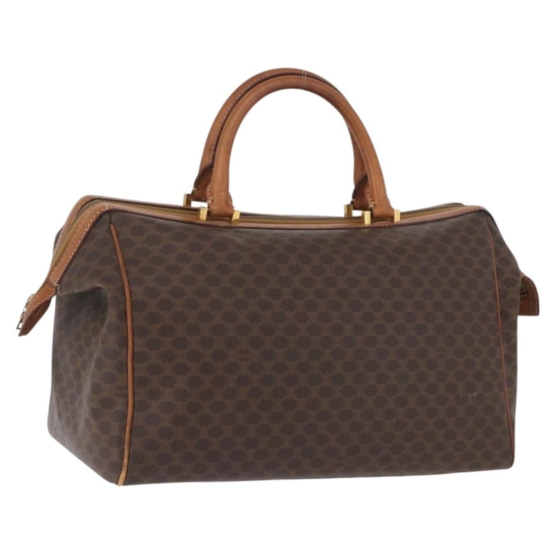 CELINE Macadam Boston Bag Brown PVC Leather Gold Tone: CELINE Macadam Boston Bag Brown PVC Leather Gold Tone Celine Macadam canvas Boston bag in brown with gold-tone accents, crafted with PVC leather trim. Made in Italy, this women's handbag is offered wi