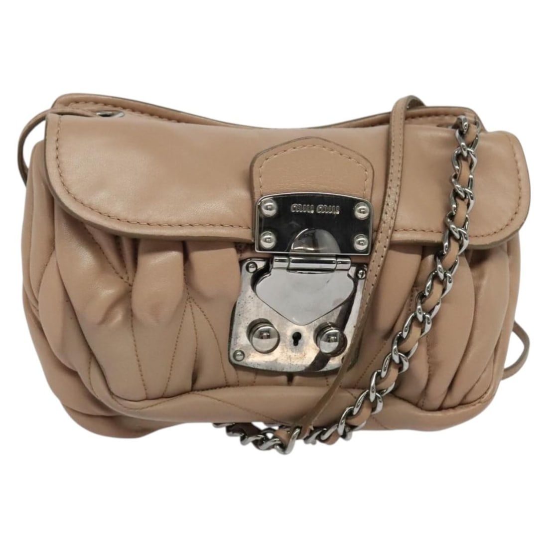 Miu Miu Matelasse Leather Shoulder Bag Pink Silver Chain Strap: Miu Miu Matelasse Leather Shoulder Bag Pink Silver Chain Strap Miu Miu matelasse shoulder bag in pink leather with silver-tone accents. This women's shoulder bag was made in Turkey and includes the ba