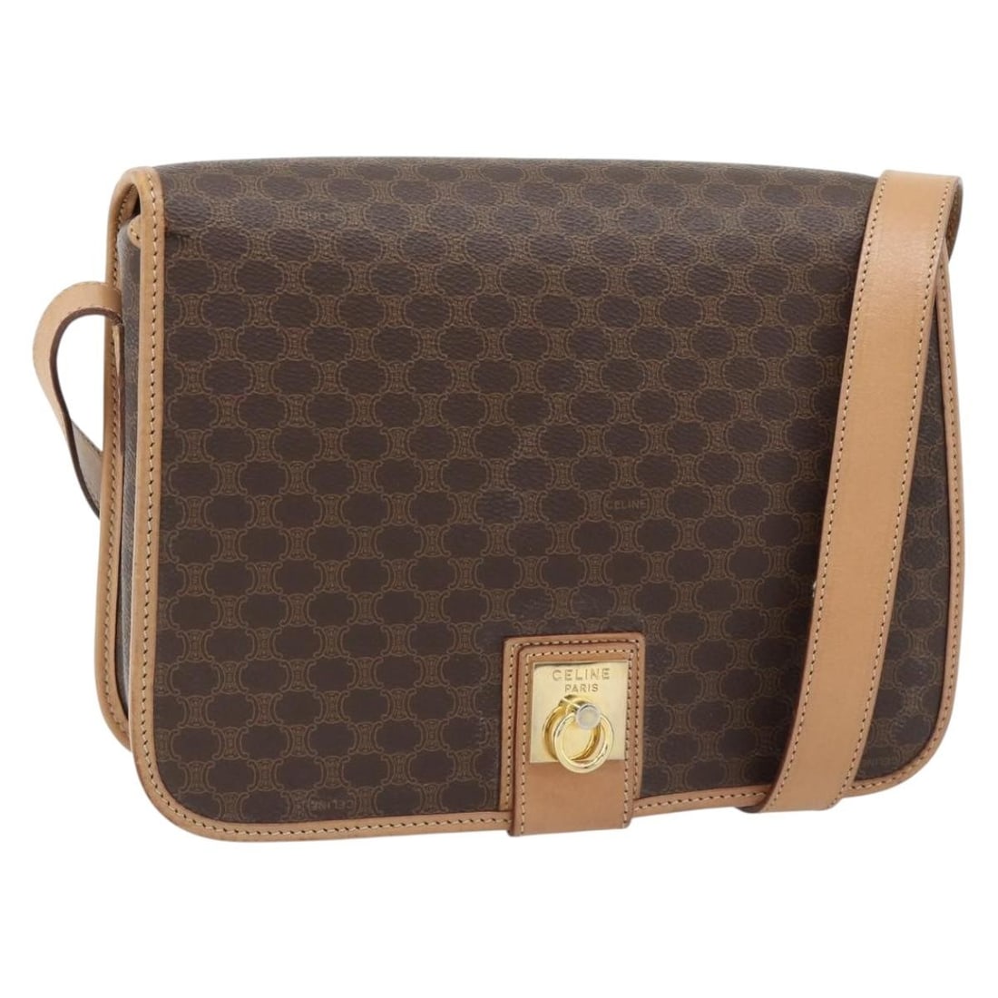 CELINE Macadam Shoulder Bag Brown PVC Leather Gold Tone: CELINE Macadam Shoulder Bag Brown PVC Leather Gold Tone Celine shoulder bag in brown Macadam canvas with PVC leather trim and gold-tone accents. Made in Italy, this women's bag features an adjustable 