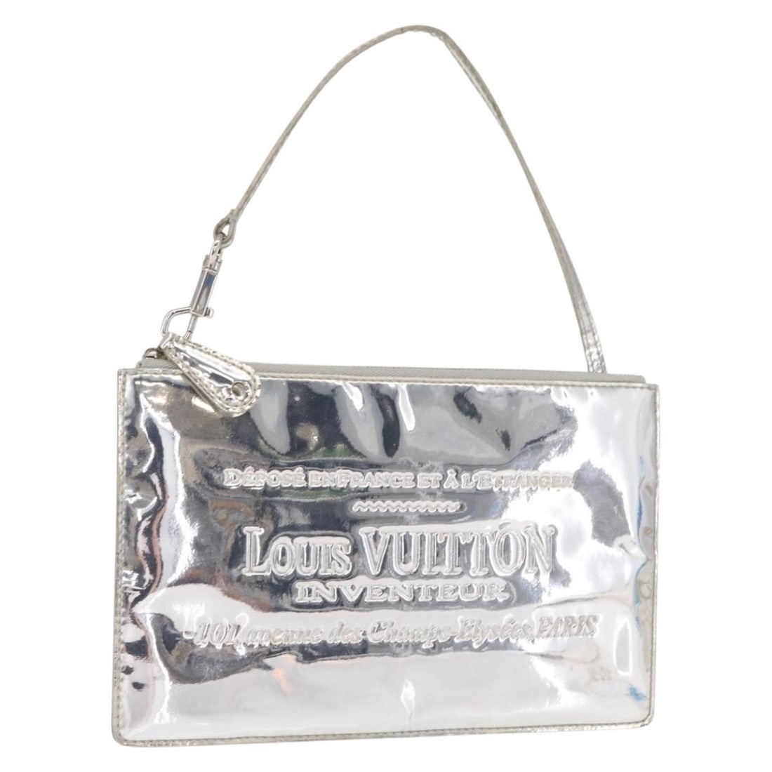 Louis Vuitton M95277 Monogram Miroir Silver Patent Leather Accessory Pouch: Louis Vuitton M95277 Monogram Miroir Silver Patent Leather Accessory Pouch A Louis Vuitton Monogram Miroir Pochette Platt accessory pouch in silver patent leather, made in Spain. This women's pouch me