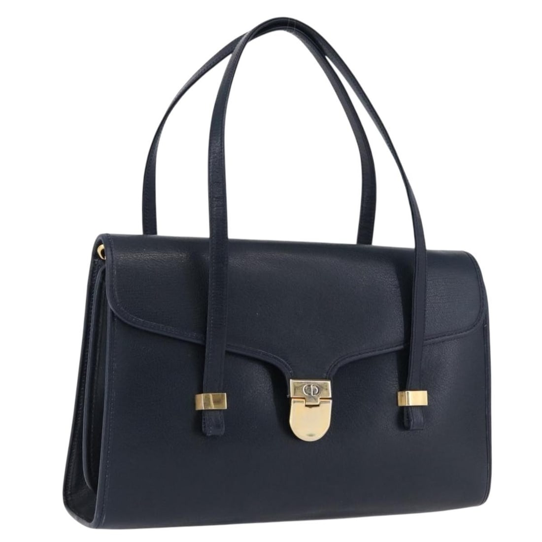 Christian Dior Navy Leather Hand Bag Gold Tone France: Christian Dior Navy Leather Hand Bag Gold Tone France Christian Dior leather hand bag in navy and gold, made in France. The bag measures approximately W29 x H19 x D8 cm with a handle drop of approxima