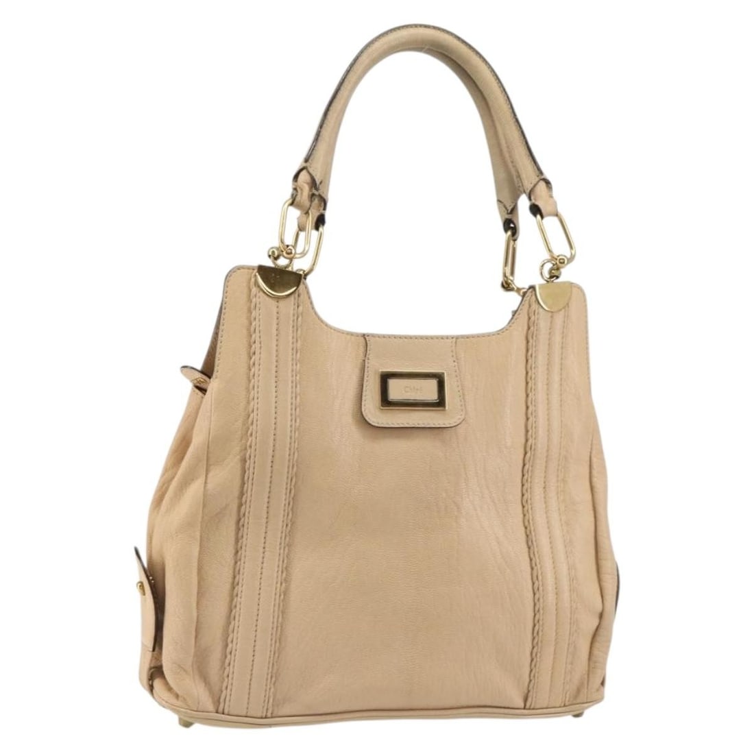 Chloe Leather Tote Bag Beige Gold Auth BS31516: Chloe Leather Tote Bag Beige Gold Auth BS31516 This Chloe Tote Bag is a stylish accessory crafted from high-quality leather in a sophisticated beige and gold color scheme. Measuring approximately 12.6