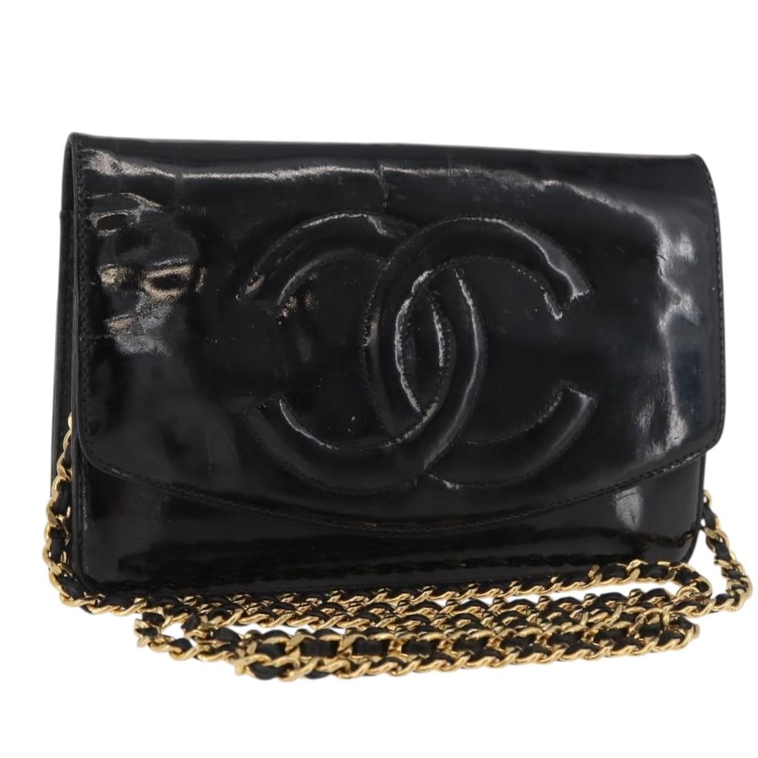 CHANEL Coco Mark Patent Leather Shoulder Bag Black Gold Chain: CHANEL Coco Mark Patent Leather Shoulder Bag Black Gold Chain Black patent leather shoulder bag in a black and gold colorway, made in Italy. The bag features a chain shoulder strap and the original li