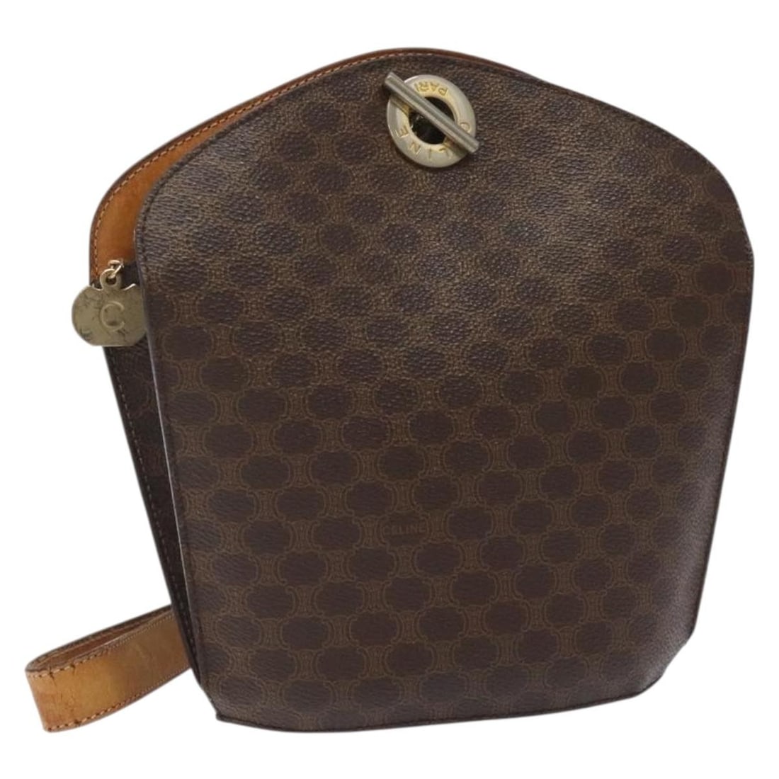 CELINE Macadam Canvas Brown Gold Shoulder Bag PVC Leather Italy: CELINE Macadam Canvas Brown Gold Shoulder Bag PVC Leather Italy Discover the elegance of the CELINE Macadam Canvas Shoulder Bag, a sophisticated accessory crafted from durable PVC leather in a strikin