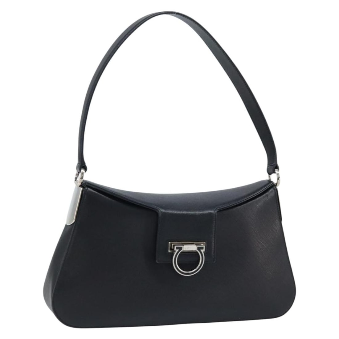 Black Leather Gancini Shoulder Bag by Salvatore Ferragamo Italy: Black Leather Gancini Shoulder Bag by Salvatore Ferragamo Italy This Salvatore Ferragamo Gancini shoulder bag features black leather with silver-tone details. Designed for women, it offers a structure