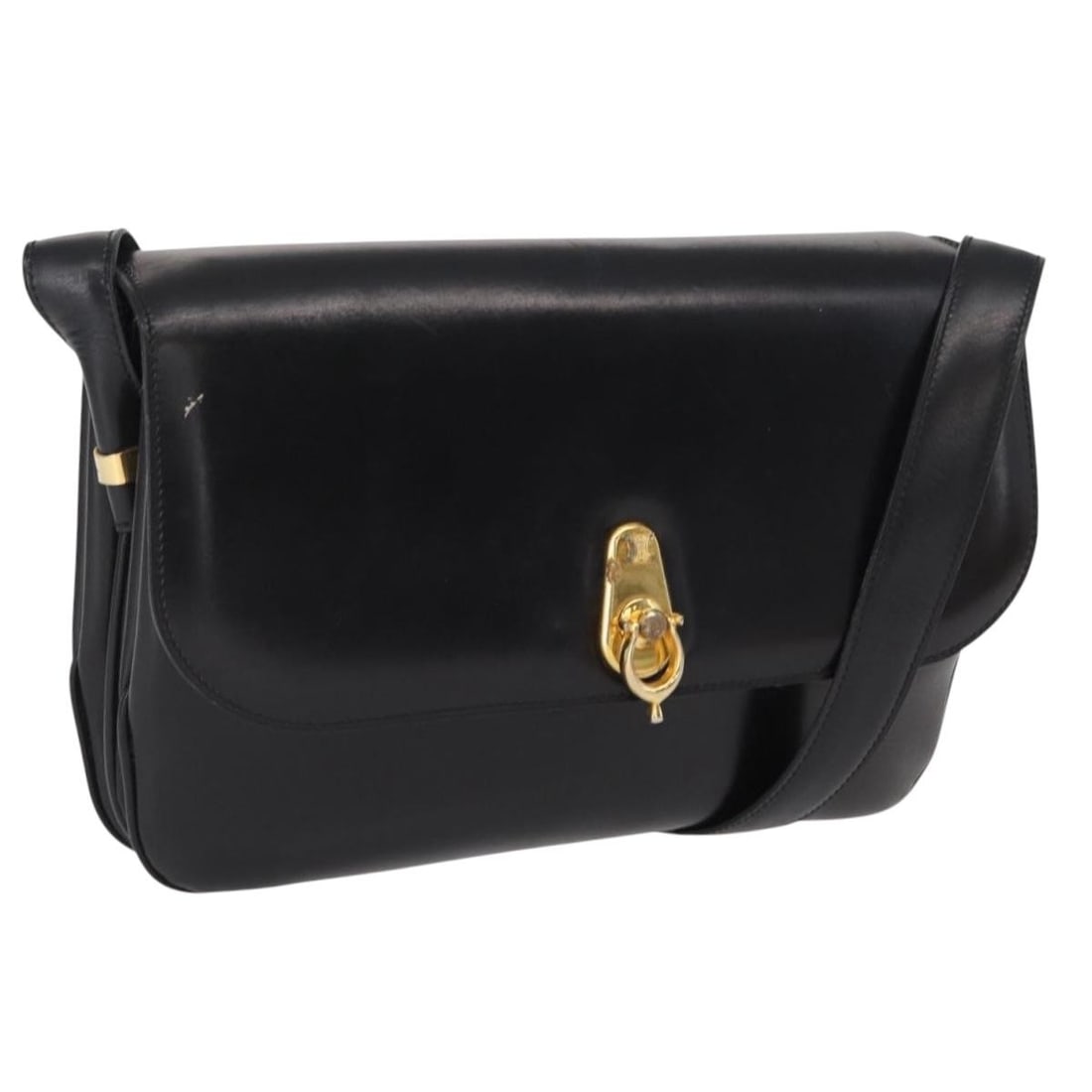 CELINE Black Leather Shoulder Bag with Gold Accents and Dust Bag: CELINE Black Leather Shoulder Bag with Gold Accents and Dust Bag This CELINE shoulder bag features black leather with gold-tone accents and is crafted in Italy. The bag includes a dust bag accessory. 