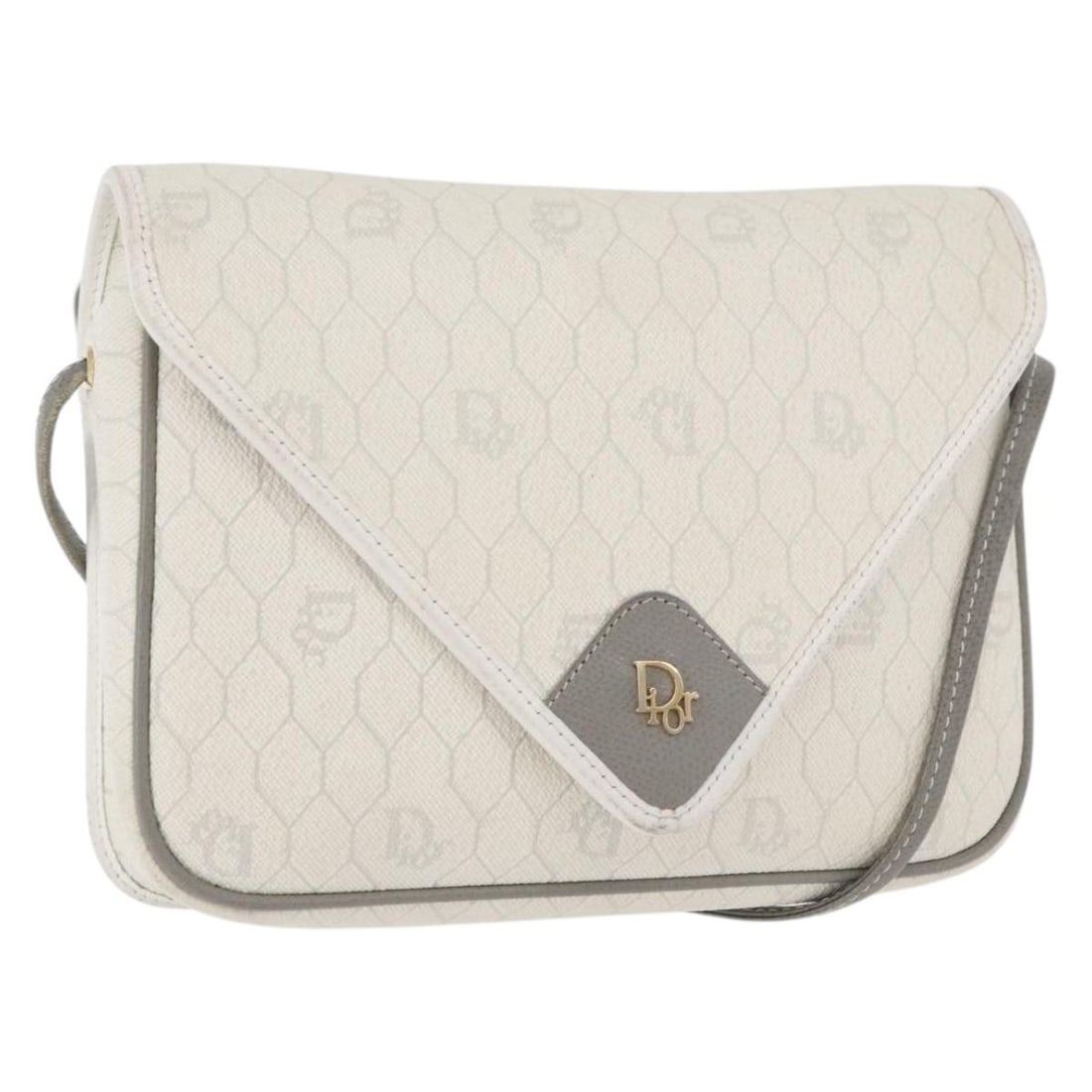 Christian Dior White Gold Honeycomb Canvas Shoulder Bag: Christian Dior White Gold Honeycomb Canvas Shoulder Bag This Christian Dior shoulder bag features the signature honeycomb canvas design with white and gold PVC leather accents. Crafted in France, the 