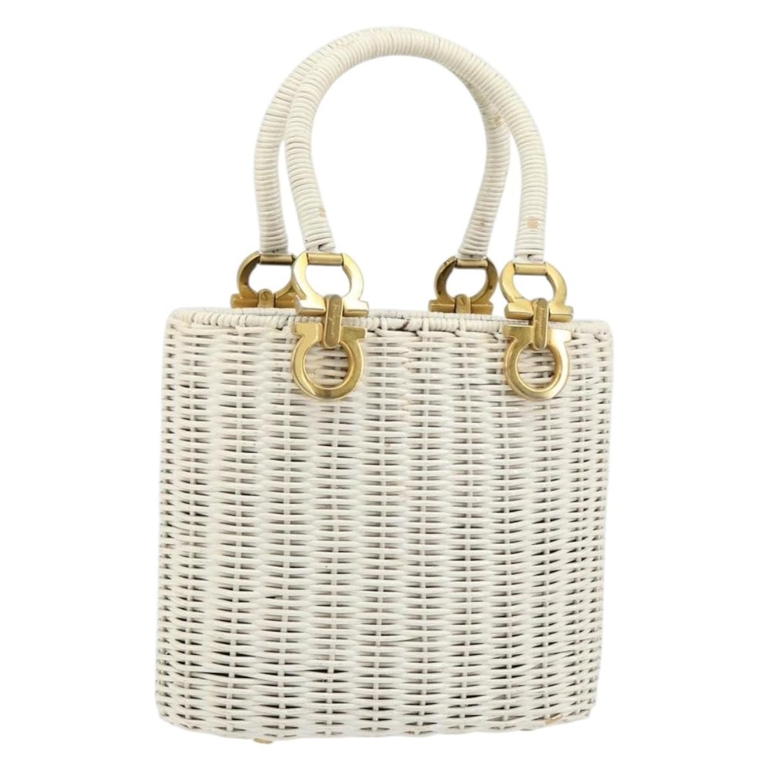Salvatore Ferragamo Gancini White Gold Handbag Wood Italy: Salvatore Ferragamo Gancini White Gold Handbag Wood Italy Salvatore Ferragamo Gancini hand bag in white and gold, made in Italy. The bag is crafted from wood and features a handle drop of approximatel