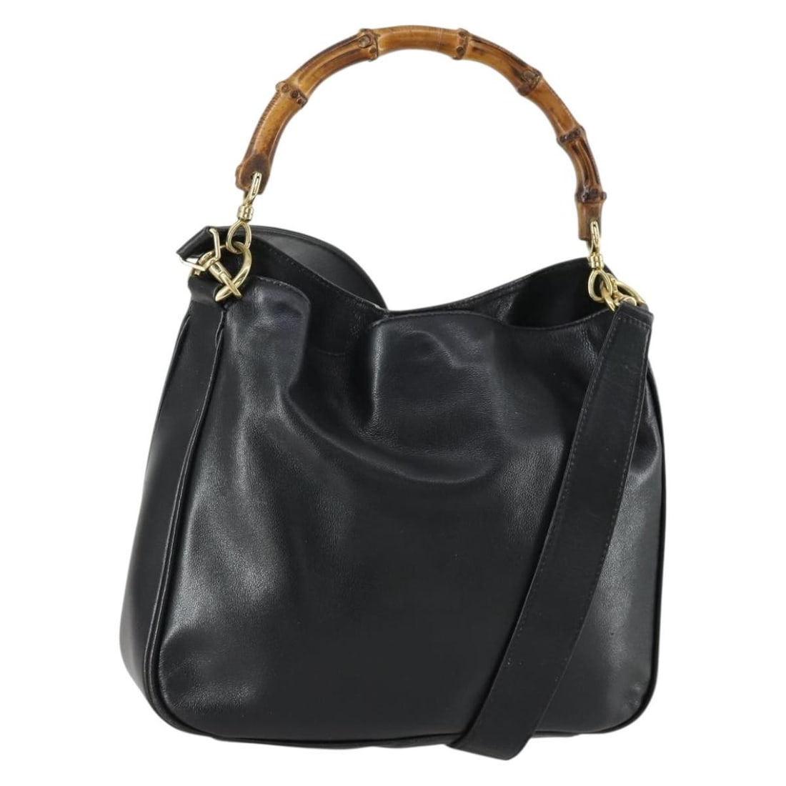 Gucci Bamboo Black Leather 2way Handbag with Shoulder Strap 001 1638 2615: Gucci Bamboo Black Leather 2way Handbag with Shoulder Strap 001 1638 2615 This GUCCI Bamboo hand bag offers versatile 2-way carrying options with its detachable shoulder strap and dual handles. Crafte
