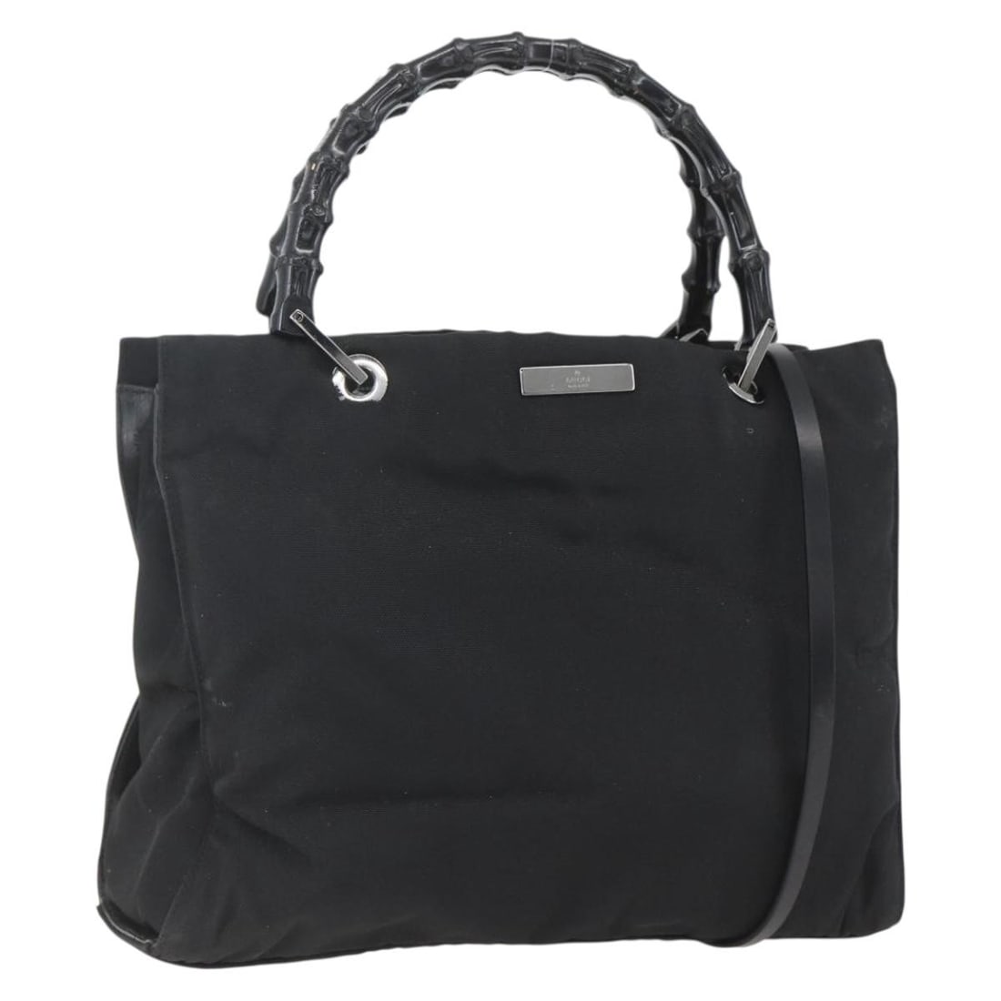 Black Nylon Gucci Bamboo Handbag with Shoulder Strap 002 1016 Two Way Italy: Black Nylon Gucci Bamboo Handbag with Shoulder Strap 002 1016 Two Way Italy This is a Gucci bamboo handle handbag crafted from black nylon with silver-tone accents. The bag features both a handle and 