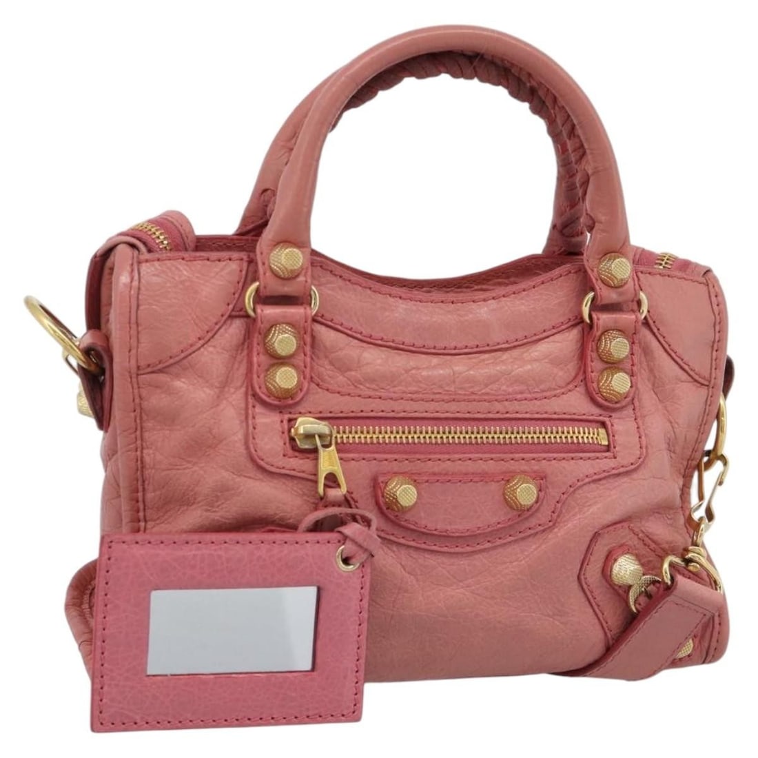BALENCIAGA Giant Mini City Leather 2way Handbag Pink Gold 309544: BALENCIAGA Giant Mini City Leather 2way Handbag Pink Gold 309544 Balenciaga Giant Mini City Hand Bag in leather with a pink and gold color combination. This women's handbag is made in Italy and comes 