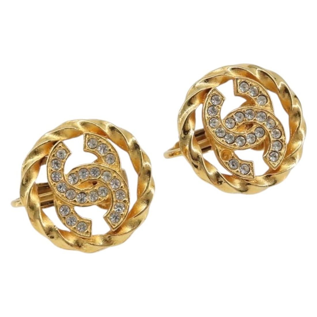 CHANEL CC Gold Tone Metal Earring Missing Stone: CHANEL CC Gold Tone Metal Earring Missing Stone CHANEL gold-tone metal earrings for women. The item is listed as style: earring and type: earring. Condition is heavily used, with surface rubbing and s