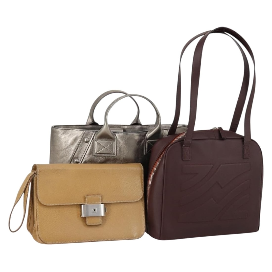 Salvatore Ferragamo Bordeaux Leather Shoulder Bag Set of 3 Authentic: Salvatore Ferragamo Bordeaux Leather Shoulder Bag Set of 3 Authentic This exquisite Salvatore Ferragamo shoulder bag set features a stylish combination of Bordeaux, silver, and beige leather. Manufact