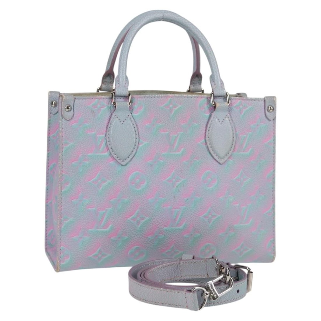 Louis Vuitton M46067 On The Go PM Blue Monogram Empreinte 2way Handbag: Louis Vuitton M46067 On The Go PM Blue Monogram Empreinte 2way Handbag Louis Vuitton OnTheGo PM 2-way handbag in blue Monogram Empreinte leather. This women's bag includes a shoulder strap and was mad