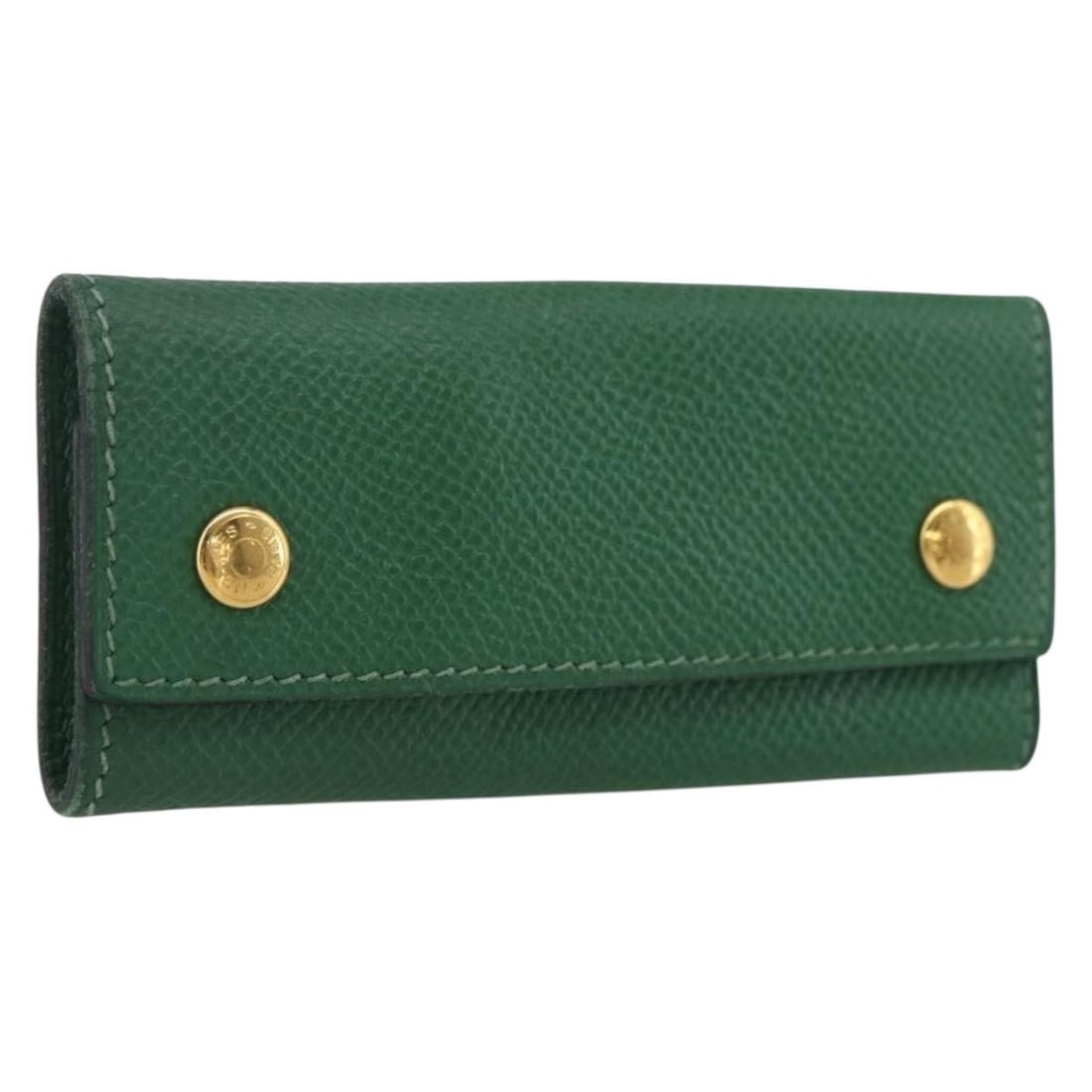 Green Leather Etui Cle 4 Key Holder by Hermes with Gold Accents: Green Leather Etui Cle 4 Key Holder by Hermes with Gold Accents This is an Hermes Etui Cle 4 key case crafted from green leather with gold-tone accents. Made in France, it features a compact design su