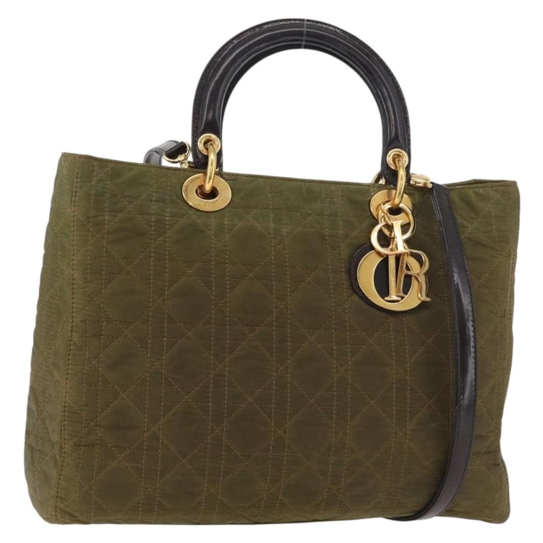 Christian Dior Lady Dior Cannage Nylon 2way Handbag Khaki Gold: Christian Dior Lady Dior Cannage Nylon 2way Handbag Khaki Gold Christian Dior Lady Dior handbag in khaki and gold nylon, presented as a 2-way style with shoulder strap and charm. Made in Italy, this w