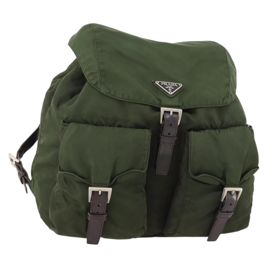 PRADA Nylon Backpack in Green with Silver Tone Trim: PRADA Nylon Backpack in Green with Silver Tone Trim Authentic Prada backpack in green nylon with silver-tone accents, made in Italy. This women's backpack is offered without the original item box or d